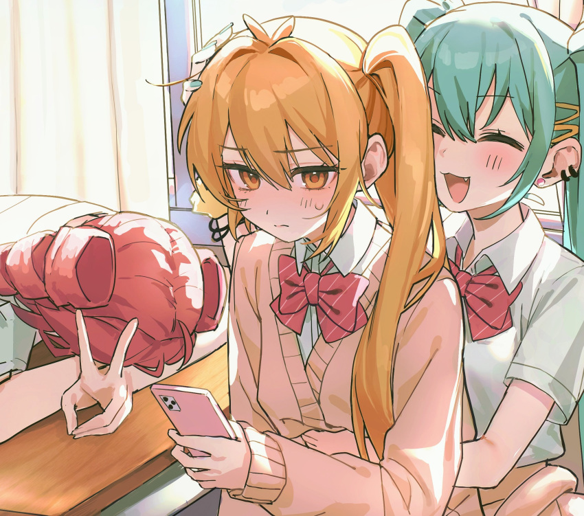 3girls, ahoge, akita_neru, antenna_hair, backlighting, blonde_hair, blue_hair, bow