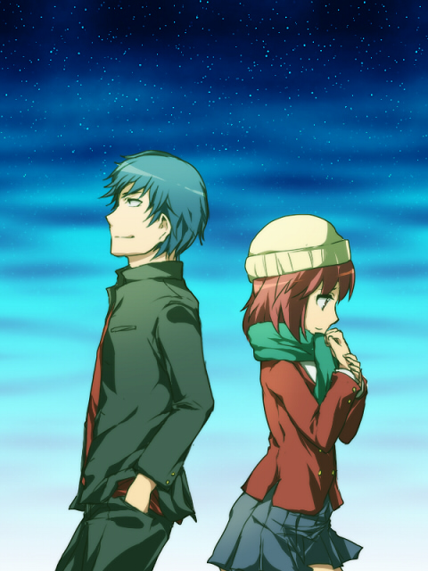 1girl, couple, hat, kushieda_minori, liht098hue, red_hair, redhead, scarf