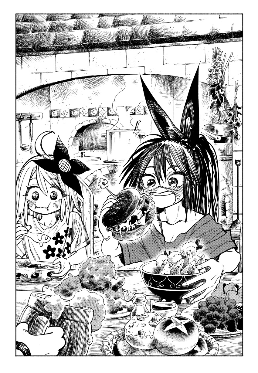 1other, 2girls, absurdres, alternate_costume, bad_anatomy, bad_hands, beer_mug, bread