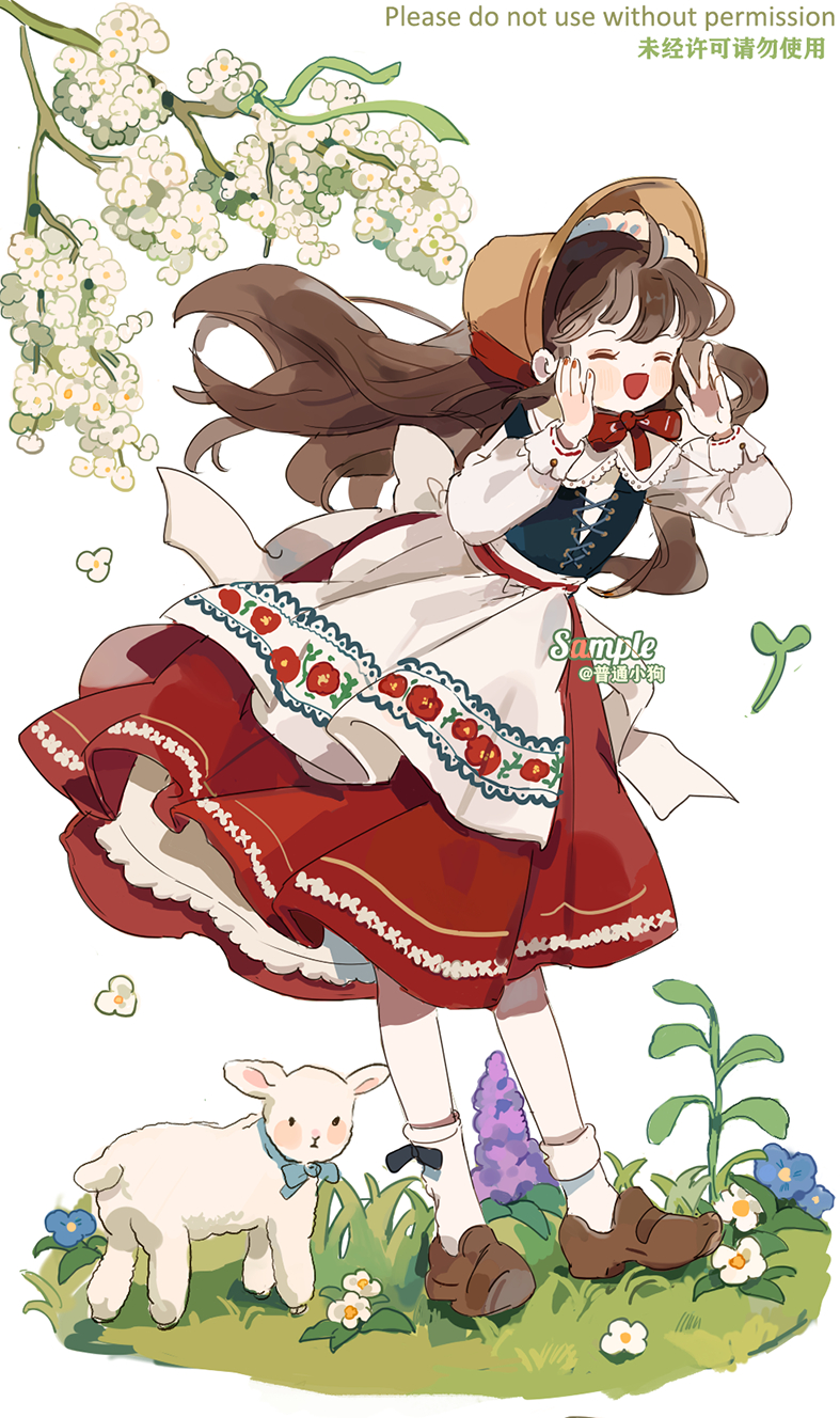 1girl, ^_^, ahoge, ankle_socks, apron, asymmetrical_legwear, back_bow, black_bow