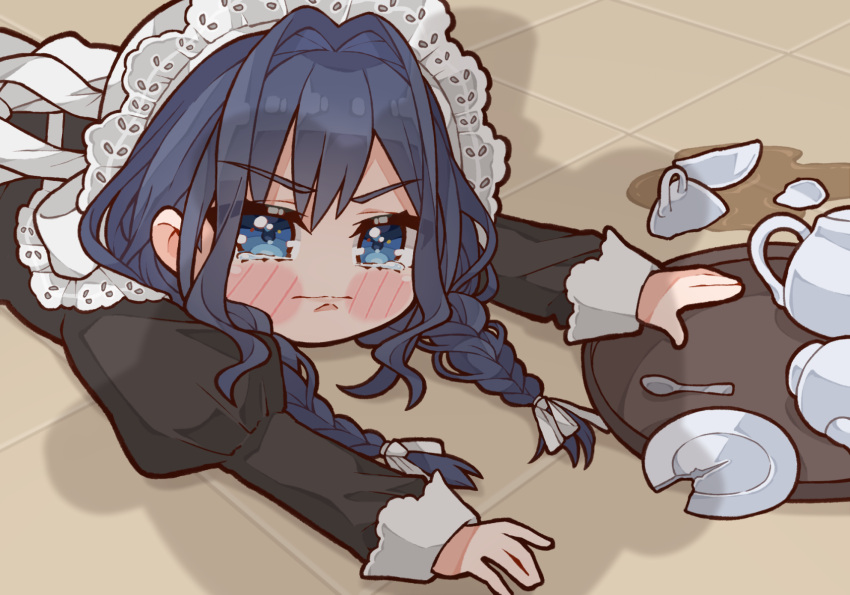 1girl, accident, apron, apu_spills_his_tendies_(meme), black_dress, black_hair, blue_eyes, broken_cup