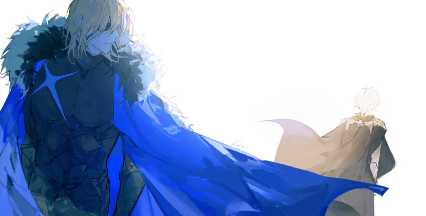 2boys, absurdres, armor, black_armor, black_cape, black_fur, blonde_hair, blue_cape
