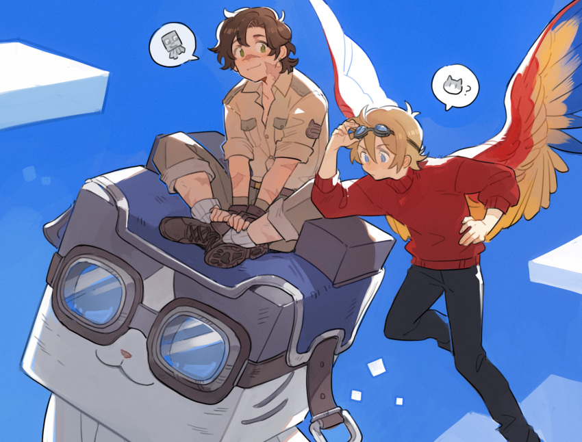 2boys, ?, alternate_species, animification, bird_boy, bird_wings, blonde_hair, blue_eyes, blue_sky, brown_hair, cat, clouds, collared_shirt, commentary, creature, flying, ghast, goggles, goggles_on_head, goodtimeswithscar, goodtimeswithscar_(zookeeper), green_eyes, grey_pants, grian_(youtuber), happy_ghast, hermitcraft, highres, jellie_(hermitcraft), luminous_slime, male_focus, minecraft, minecraft_(style), minecraft_youtube, multiple_boys, official_alternate_costume, pants, parrot_boy, paw_print, red_sweater, scar, shirt, short_hair, sky, speech_bubble, sweater, symbol-only_commentary, turtleneck, turtleneck_sweater, wings