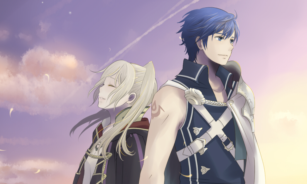 1boy, 1girl, armor, bad_id, bad_pixiv_id, black_robe, blue_eyes, blue_hair, blue_shirt, brand_of_the_exalt, chrom_(fire_emblem), closed_eyes, closed_mouth, clouds, fire_emblem, fire_emblem_awakening, hatsuyuki_kazura, inactive_account, long_hair, purple_sky, robe, robin_(female)_(fire_emblem), robin_(fire_emblem), shirt, short_hair, shoulder_armor, single_sleeve, sky, smile, standing, twintails, white_hair