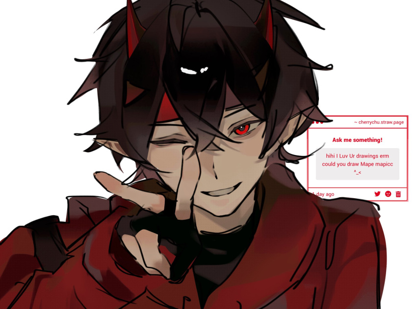 1boy, 2cherrychu, animification, black_gloves, brown_hair, commentary, demon_horns, fingerless_gloves, gloves, grin, headband, highres, hood, hoodie, horns, lifesteal_smp, looking_at_viewer, male_focus, mapicc, minecraft_youtube, one_eye_closed, pointy_ears, red_eyes, red_headband, red_hoodie, short_hair, simple_background, sketch, smile, solo, strawpage, upper_body, v, white_background