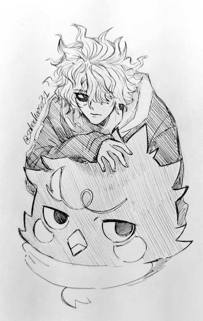 1boy, bags_under_eyes, bird, blush_stickers, expressionless, graphite_(medium), hair_over_one_eye, hand_on_animal
