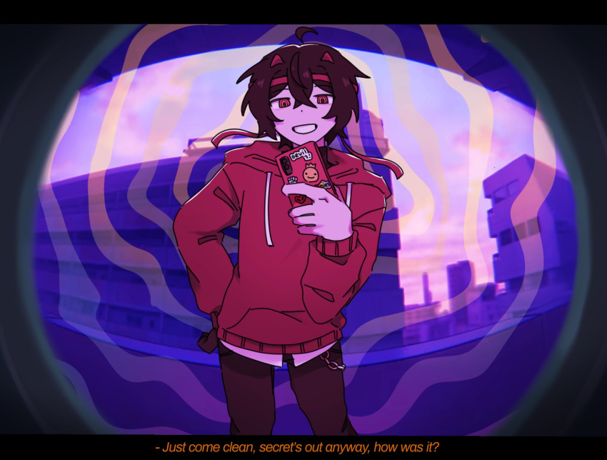 1boy, ahoge, animification, black_pants, chain, commentary, demon_horns, english_commentary, english_text, grin, hand_on_own_hip, hardcore_heart, headband, highres, holding, holding_phone, hood, hood_down, hoodie, horns, johnmilgram29, letterboxed, lifesteal_smp, long_sleeves, looking_at_viewer, male_focus, mapicc, minecraft_youtube, monitoring_(vocaloid), pants, parody, phone, princezam, red_eyes, red_headband, red_hoodie, ringed_eyes, smile, solo, spiral, standing