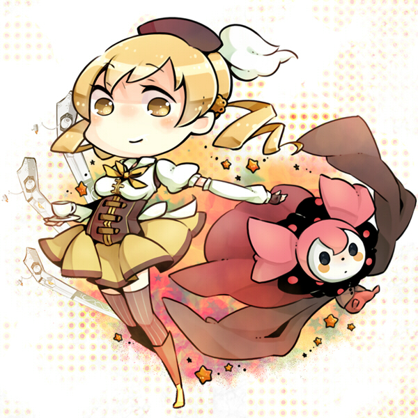 blonde_hair, boots, brown_legwear, charlotte_(madoka_magica), chibi, corset, cup, detached_sleeves