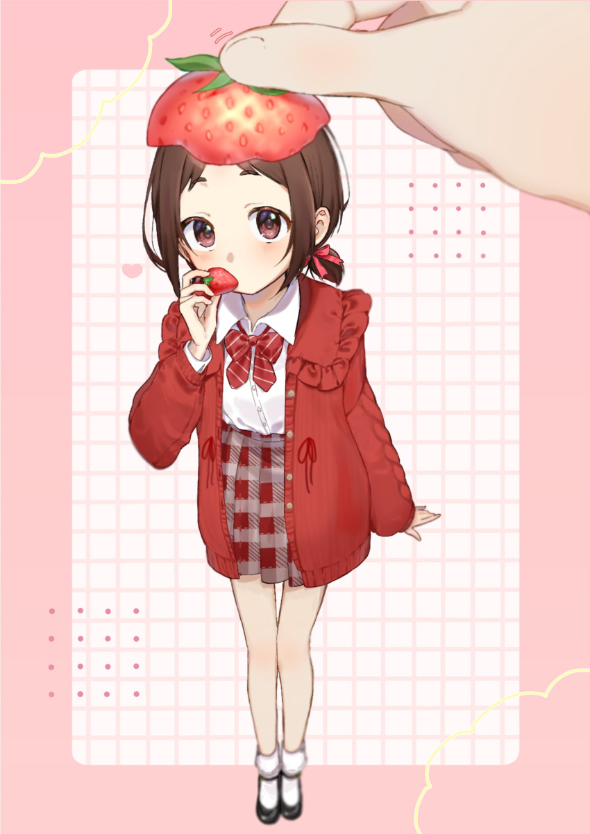1girl, absurdres, black_shoes, blurry, border, bow, bowtie, brown_eyes