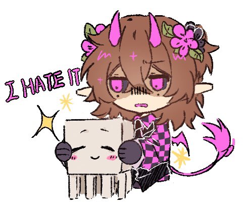 1other, androgynous, animification, black_sclera, black_vest, blush, brown_hair, checkered_clothes, checkered_shirt, chibi, chibi_only, colored_sclera, commentary, creature, demon_horns, demon_wings, english_text, flower, ghast, hair_flower, hair_ornament, happy_ghast, holding, holding_creature, horns, lowres, medium_hair, michael28472610, minecraft, minecraft_youtube, one_side_up, open_mouth, other_focus, pink_eyes, quakitus, shaded_face, shirt, simple_background, solo, sparkle, symbol-only_commentary, tail, vest, white_background, wings