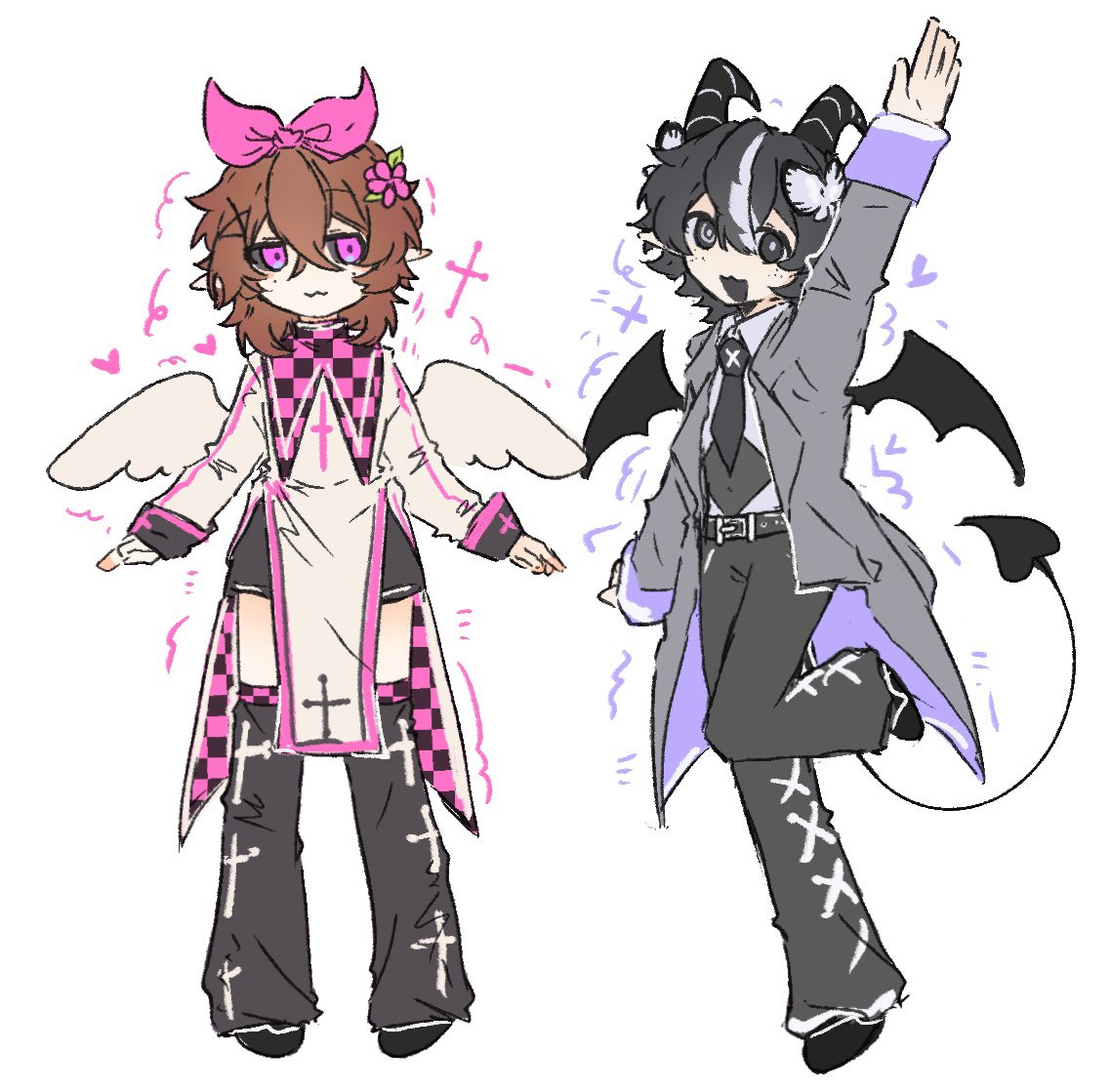 1boy, 1other, alternate_costume, androgynous, angel_wings, arm_up, belt, black_belt