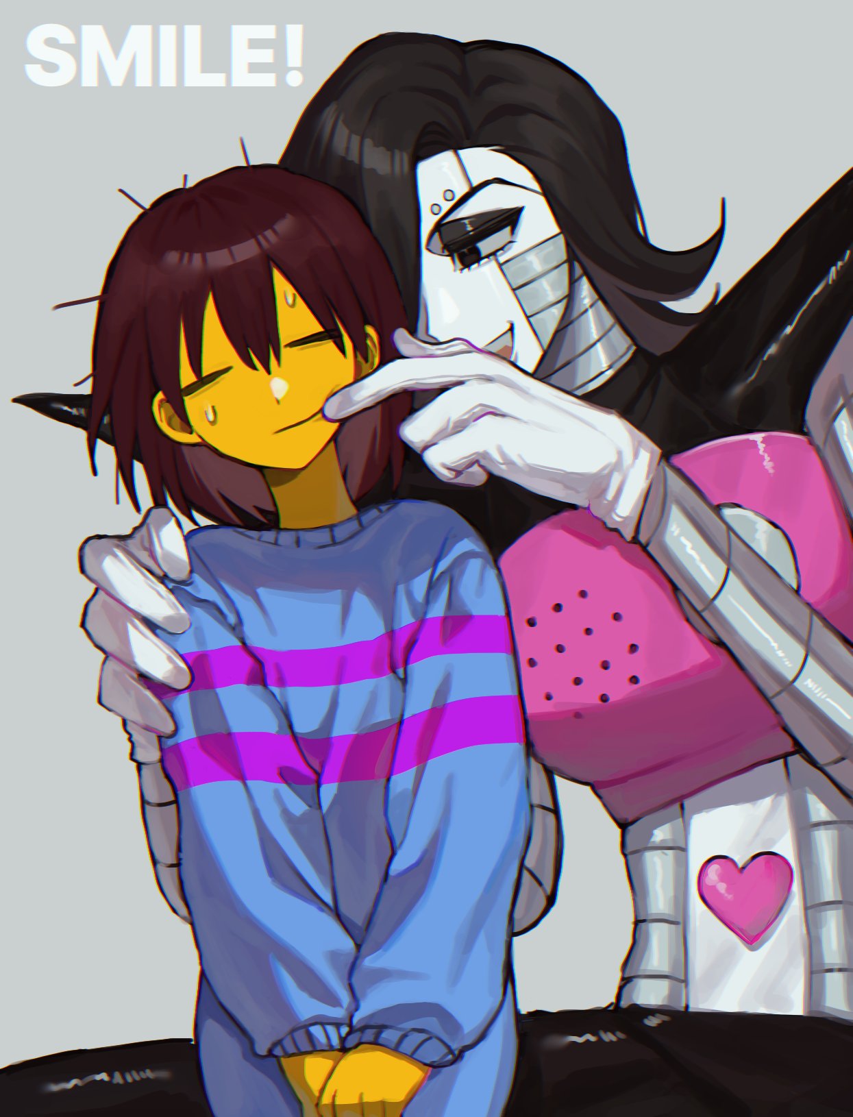 1boy, 1other, :d, android, black_eyes, black_eyeshadow, black_pants, blue_sweater, brown_hair, chromatic_aberration, closed_eyes, closed_mouth, colored_skin, double-parted_bangs, english_text, eyeshadow, fang, finger_to_another's_mouth, fingersmile, flipped_hair, frisk_(undertale), gloves, grey_background, hair_between_eyes, hair_over_one_eye, hand_on_another's_shoulder, hashtag-only_commentary, heart, highres, long_sleeves, looking_at_another, makeup, mechanical_arms, medium_hair, mettaton, mettaton_ex, open_mouth, own_hands_together, pants, puffy_long_sleeves, puffy_sleeves, purple_sweater, relation_z, simple_background, smile, striped_clothes, striped_sweater, sweat, sweater, teeth, two-tone_sweater, undertale, upper_body, upper_teeth_only, v_arms, white_gloves, yellow_skin