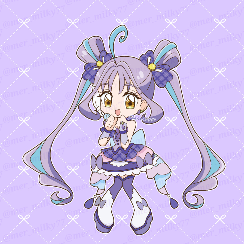 1girl, ahoge, back_bow, bare_shoulders, blue_bow, blue_hair, boots, bow