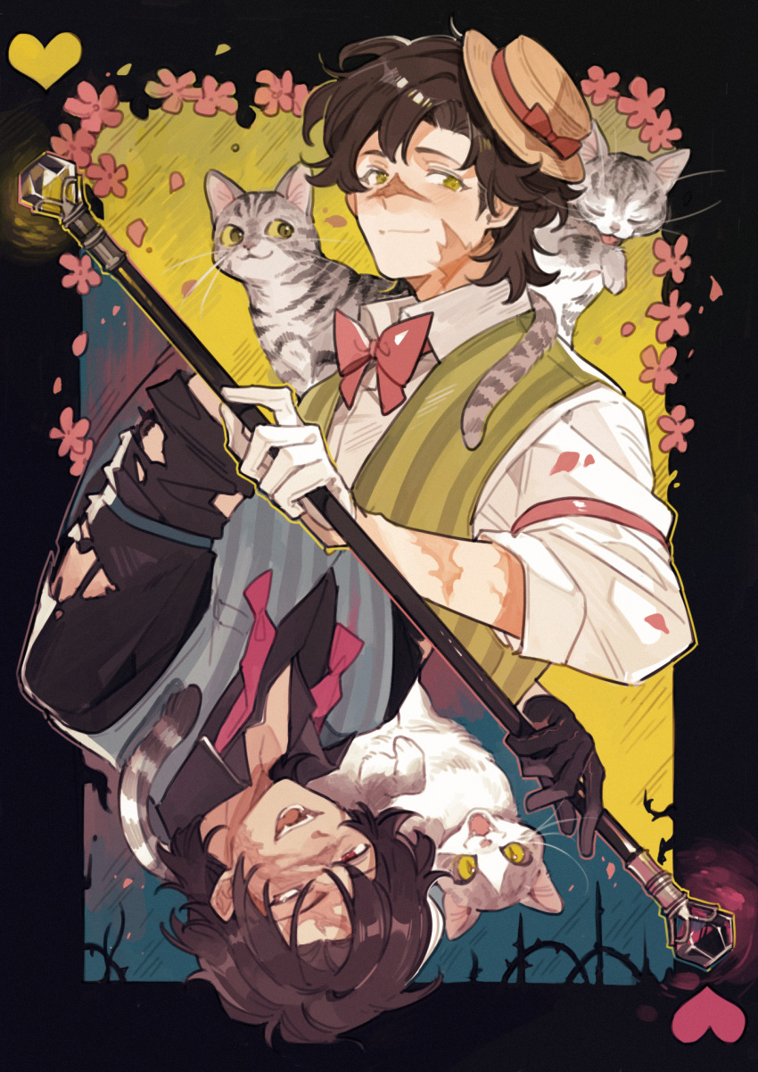 2boys, animification, bishounen, bow, bowtie, brown_hair, brown_hat, cane