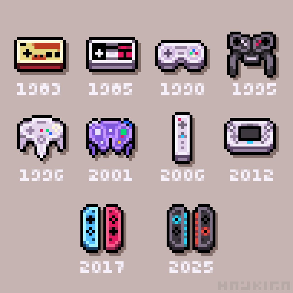 commentary, controller, dotpict_(medium), english_commentary, famicom, game_console, game_controller, gamecube_controller, grey_background, haykira, joy-con, nintendo, nintendo_64_controller, no_humans, object_focus, pixel_art, super_nintendo_controller, twitter_username, virtual_boy, wii_remote, wii_u_gamepad