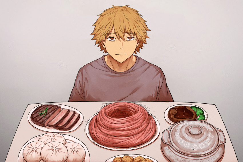 1boy, blonde_hair, brown_eyes, chainsaw_man, denji_(chainsaw_man), food, grey_shirt, hamburger_steak
