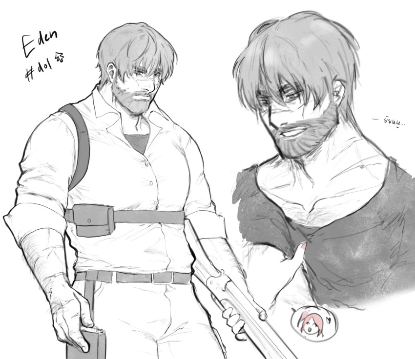1boy, 1other, arm_hair, beard, belt, belt_pouch, character_name, chest_hair, commentary, degrees_of_lewdity, eden_(degrees_of_lewdity), eden_(male)_(degrees_of_lewdity), facial_hair, gun, hair_between_eyes, highres, holding, holding_gun, holding_weapon, izuma_(izumamill), large_pectorals, male_focus, mature_male, multiple_views, muscular, muscular_male, pants, pectorals, pouch, scar, scar_on_arm, scar_on_face, shirt, short_hair, solo_focus, thai_text, translated, weapon, white_shirt