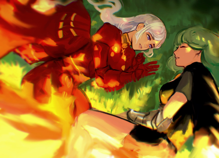 2girls, alternate_hairstyle, armor, black_cape, black_shirt, black_shorts, breasts, byleth_(female)_(enlightened)_(fire_emblem)