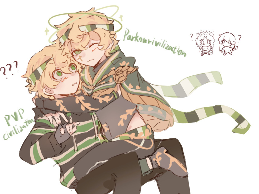 4boys, alternate_costume, animification, blonde_hair, cape, chibi, commentary, copyright_name