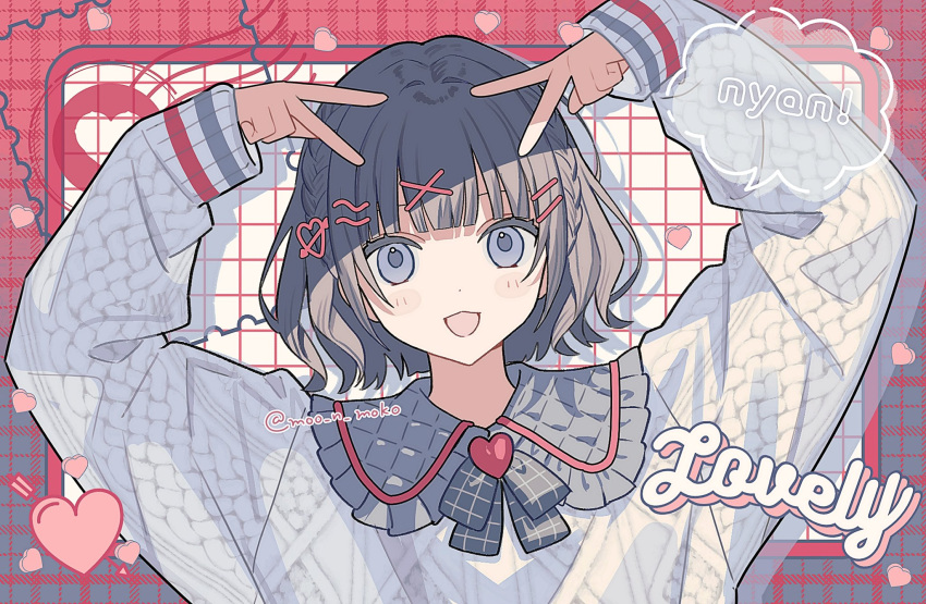 1girl, black_hair, blush, braid, commentary, double_v, grey_eyes, hair_ornament