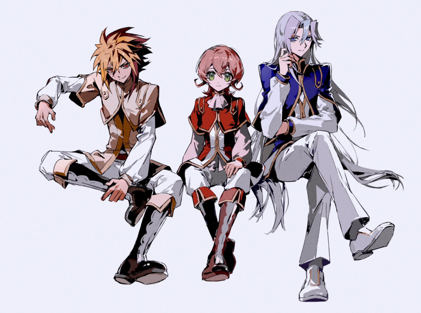 3boys, black_boots, blonde_hair, blue_eyes, blue_vest, boots, brothers, brown_eyes