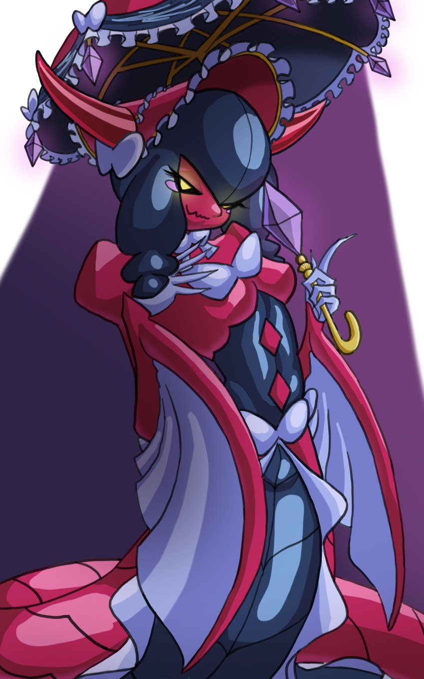 1girl, absurdres, black_sclera, bonnet, colored_sclera, digimon, digimon_(creature), hat