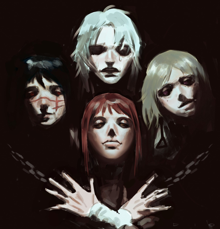 4girls, arondiolex, black_background, bohemian_rhapsody, chain, chainsaw_man, closed_mouth, earrings, fami_(chainsaw_man), grey_hair, highres, jewelry, makima_(chainsaw_man), mole, mole_under_eye, multiple_girls, multiple_moles, parody, queen_(band), red_eyes, ringed_eyes, scar, scar_on_cheek, scar_on_face, scar_on_nose, violet_eyes, white_hair, white_haired_girl_(chainsaw_man), yellow_eyes, yoru_(chainsaw_man)
