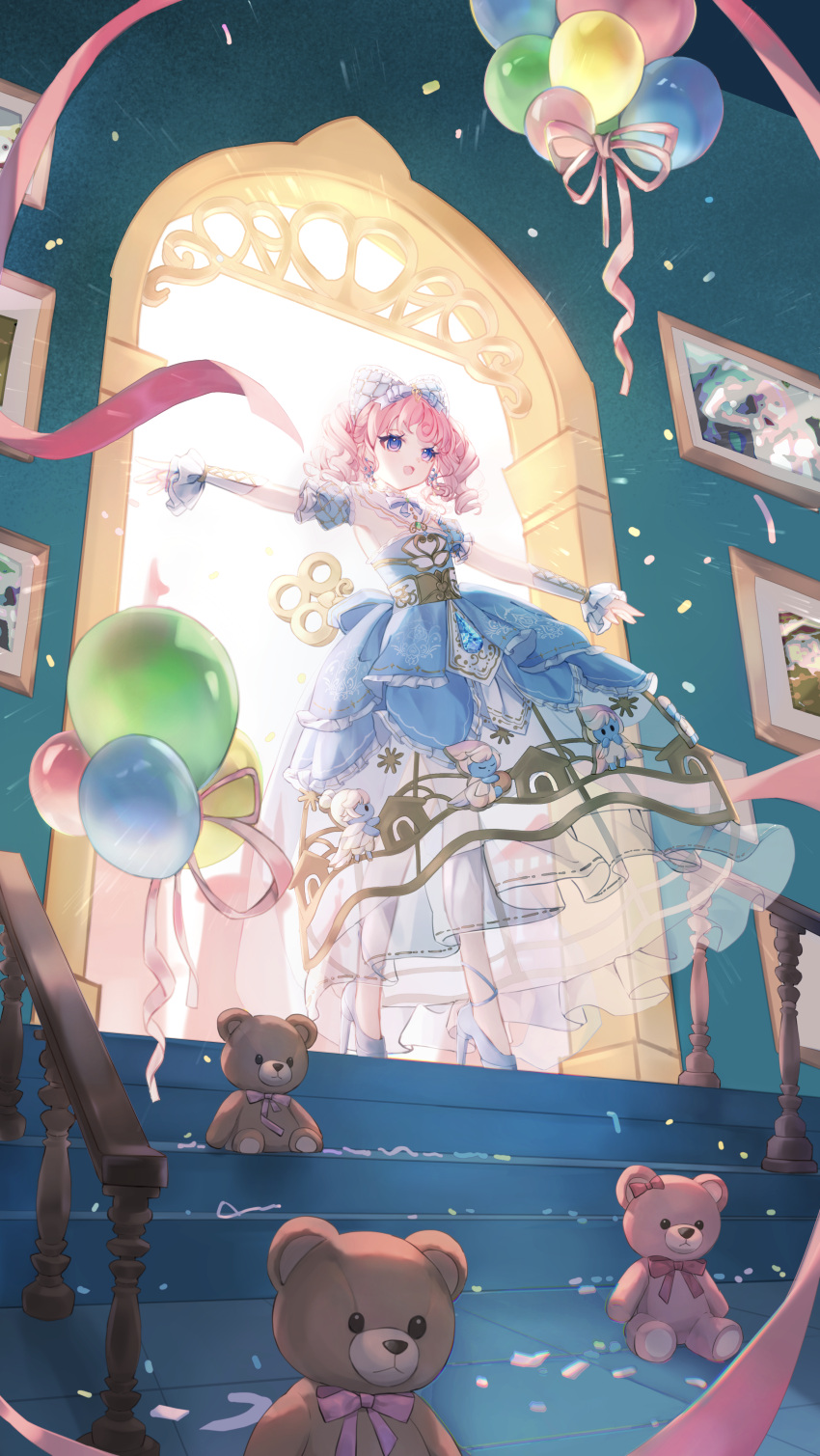 1girl, absurdres, ankle_ribbon, argyle_bonnet, argyle_clothes, argyle_sleeves, balloon, blue_bonnet