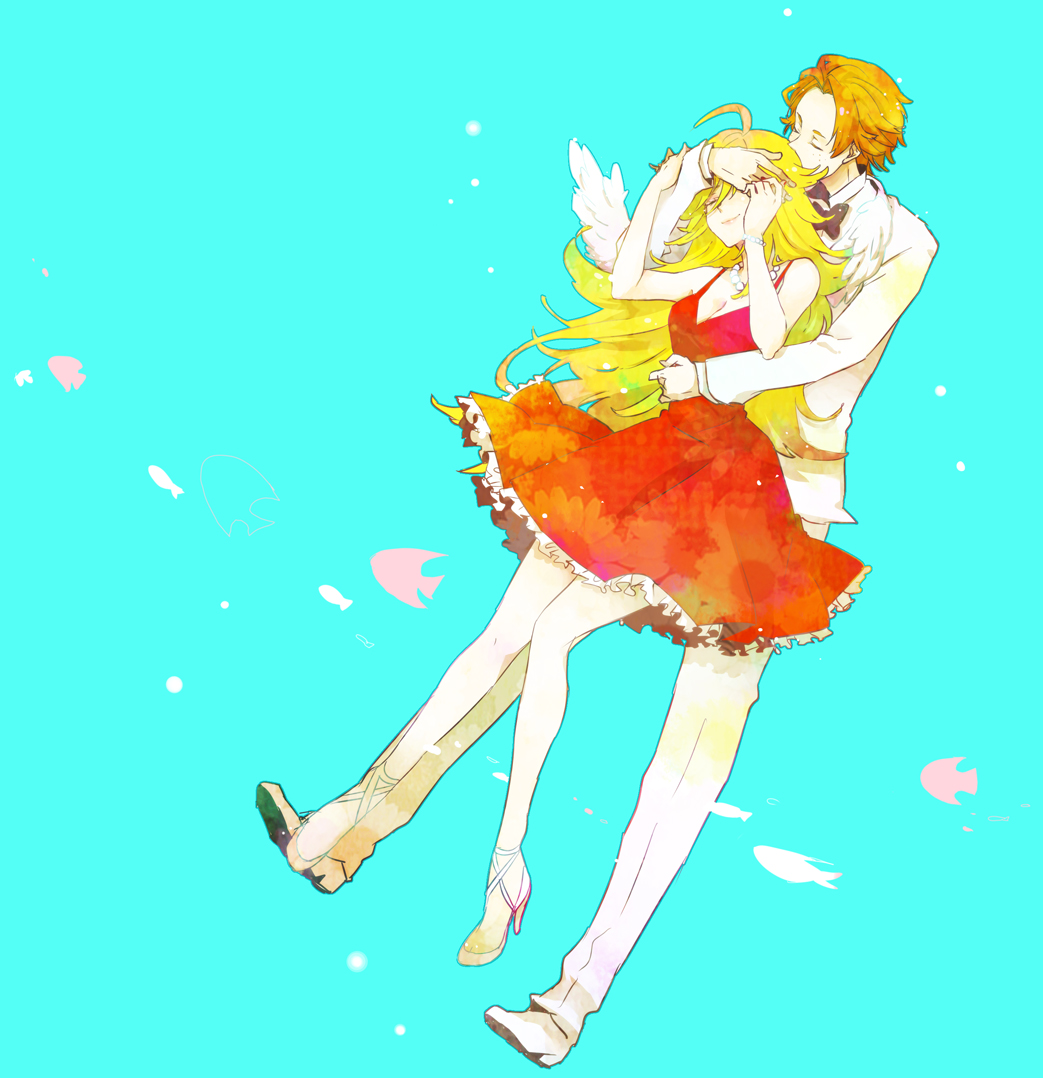 1girl, ahoge, alternate_hairstyle, angel_wings, bare_shoulders, blonde_hair, bowtie, bracelet, brief_(character), brief_(psg), closed_eyes, couple, dress, eyes_closed, fish, formal, freckles, hair_kiss, high_heels, horiro, hug, jewelry, kiss, long_hair, necklace, orange_hair, panty_&amp;_stocking_with_garterbelt, panty_(character), panty_(psg), red_dress, shoes, short_hair, sleeveless, smile, tuxedo, wings