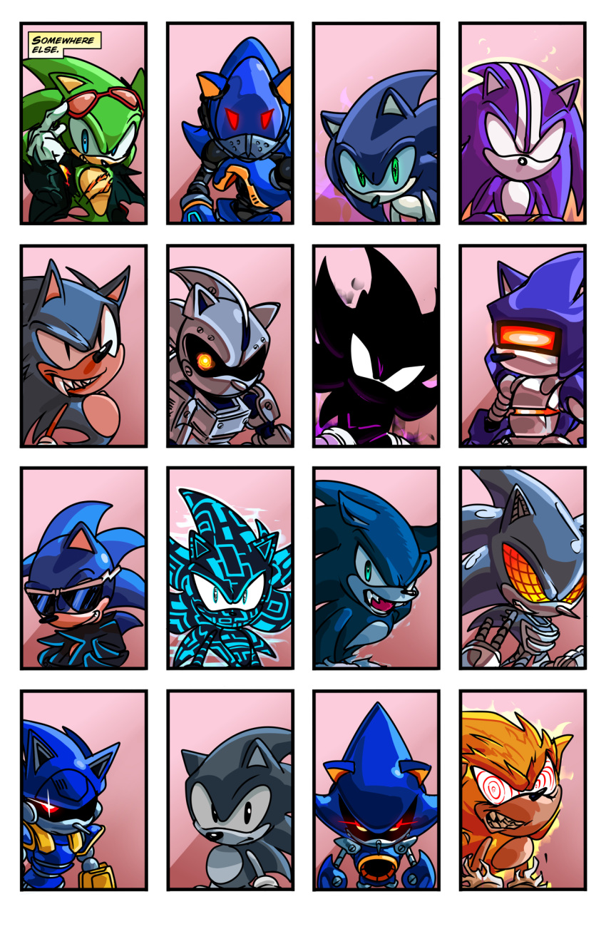 6+boys, anti_sonic, blue_eyes, chaos_sonic, dark_sonic, darkspine_sonic, fangs, fleetway_super_sonic, furry, furry_male, gloves, glowing, glowing_eyes, highres, humanoid_robot, in-franchise_crossover, invincible_(series), jacket, leather, leather_jacket, male_focus, mecha_sonic_mki, mecha_sonic_mkii, mecha_sonic_mkiii, metal_sonic, multiple_boys, robot, scar, scourge_the_hedgehog, sonic_(series), sonic_adventure, sonic_and_the_secret_rings, sonic_frontiers, sonic_prime, sonic_the_comic, sonic_the_fighters, sonic_the_hedgehog, sonic_the_hedgehog_(archie_comics), sonic_the_hedgehog_(classic), sonic_the_hedgehog_2, sonic_the_hedgehog_3, sonic_the_werehog, sonic_unleashed, sonic_x, spacedawgspace, sunglasses, super_sonic, super_sonic_(fleetway), super_sonic_cyber, white_gloves