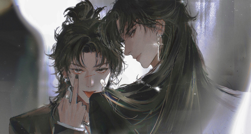 2boys, akanbe, black_eyes, black_hair, black_jacket, black_sleeves, closed_mouth, cross