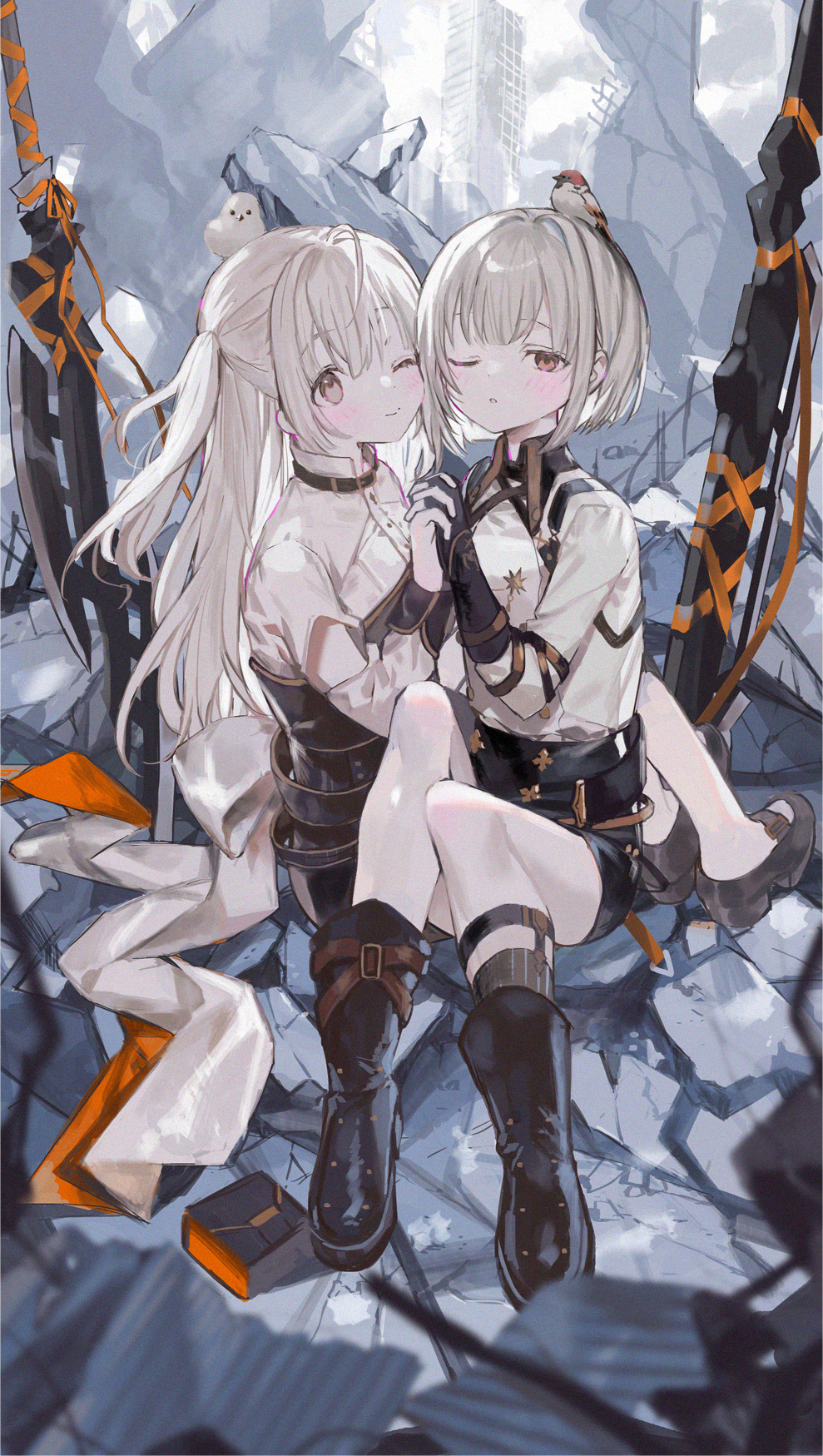 2girls, ahoge, animal_on_head, bird, bird_on_head, black_boots, black_sash, black_shoes
