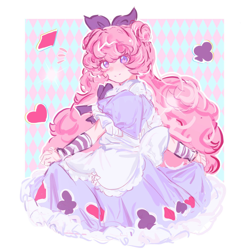 1girl, alice_(alice_in_wonderland), alice_(alice_in_wonderland)_(cosplay), alice_in_wonderland, animification, apron, black_bow, blue_dress, blue_eyes, border, borrowed_design, bow, commentary, cosplay, double_bun, dress, english_commentary, hair_bow, hair_bun, heart, highres, ldshadowlady, lolita_fashion, long_hair, looking_at_viewer, michael28472610, minecraft_youtube, smile, solo, sweet_lolita, very_long_hair, white_apron, white_border