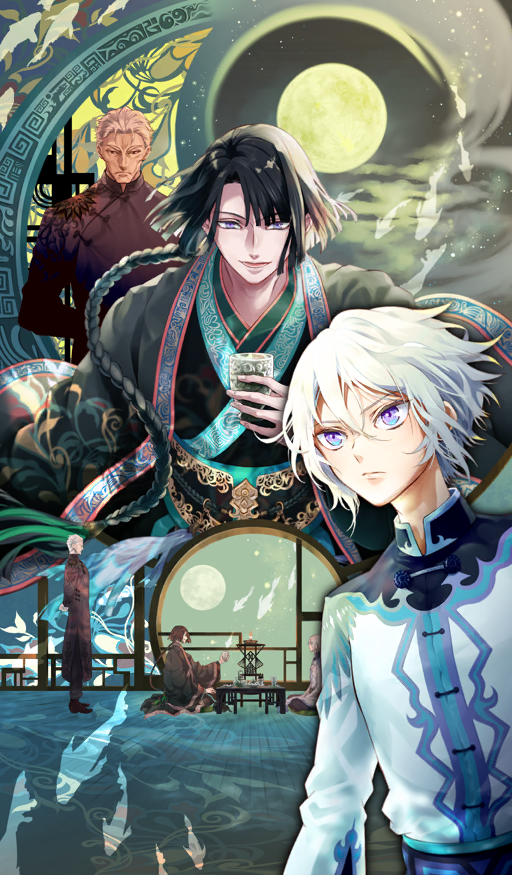 3boys, age_difference, androgynous, architecture, arms_behind_back, black_hair, blue_eyes, braid