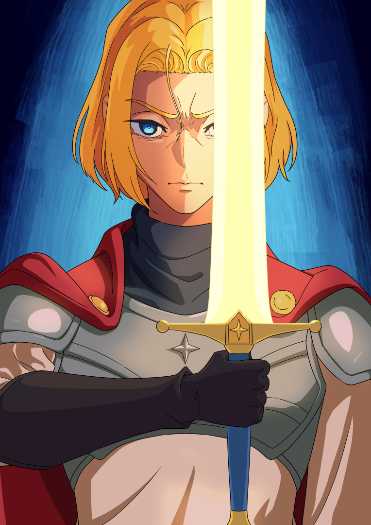 19_chisinlo, 1boy, armor, black_gloves, blonde_hair, blue_background, blue_eyes, cape