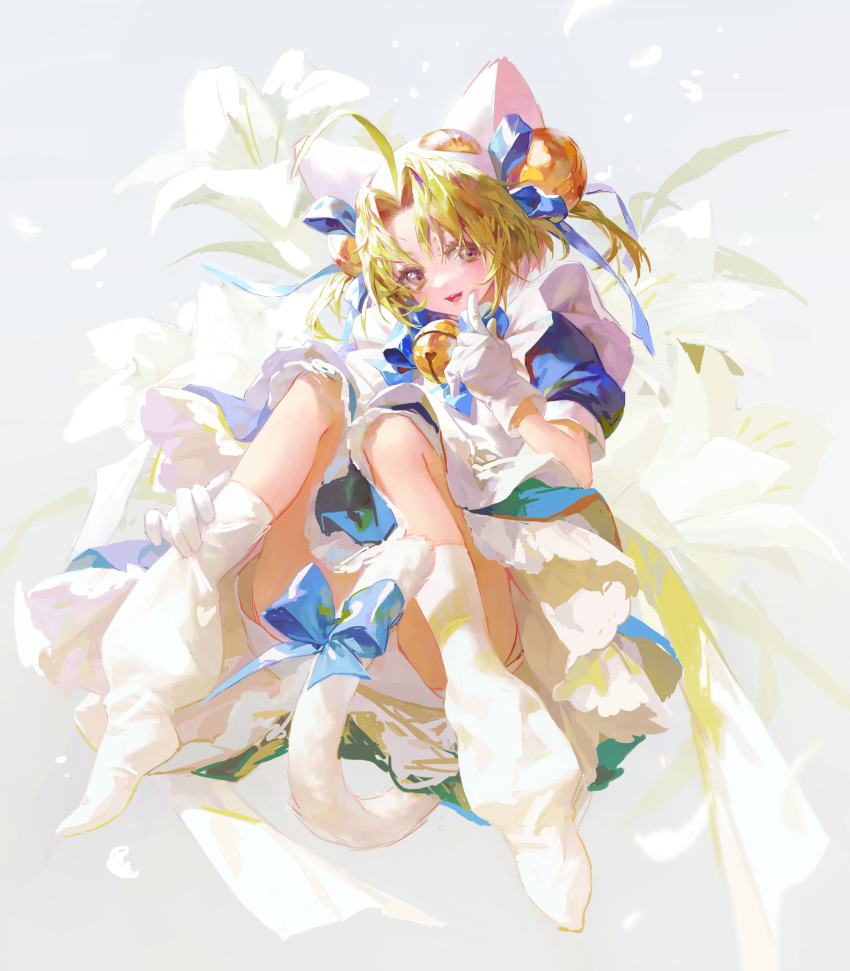 1girl, absurdres, ahoge, animal_ears, apron, bell, blue_dress, bow