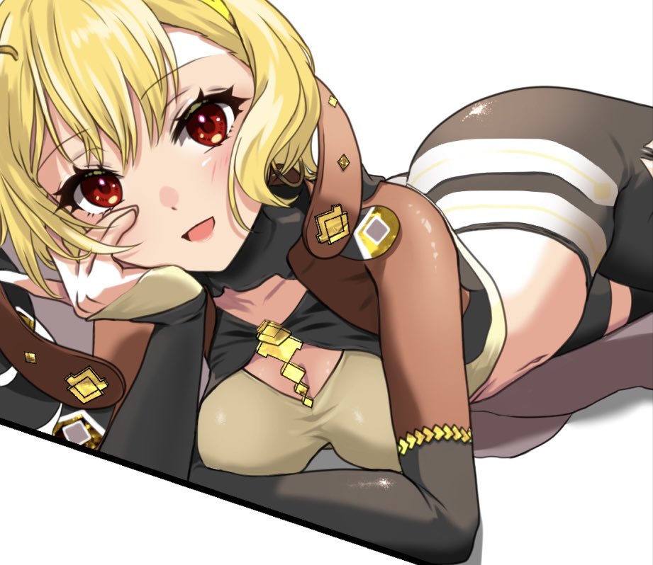 1girl, ass, black_leggings, blonde_hair, breasts, citrinne_(fire_emblem), fire_emblem, fire_emblem_engage, hair_ornament, leggings, looking_at_viewer, medium_breasts, mu_tu_bu, navel, red_eyes, sage_outfit_(fire_emblem_engage), smile, solo, stomach, wing_hair_ornament