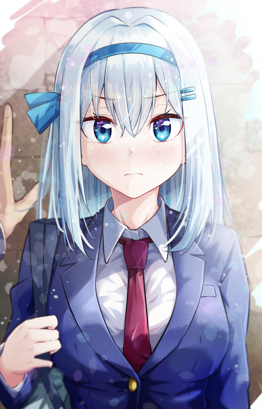 1girl, absurdres, bag, blazer, blue_eyes, blue_hairband, blue_jacket, blue_ribbon