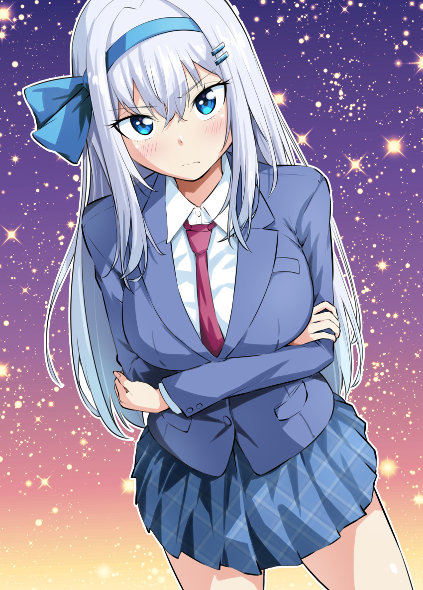 1girl, absurdres, blazer, blue_eyes, blue_hairband, blue_jacket, blue_ribbon, blue_skirt