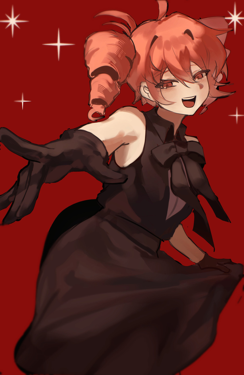 0916psy, 1girl, absurdres, ahoge, alternate_costume, black_dress, black_gloves, black_ribbon, cowboy_shot, dress, drill_hair, encore_dance_(synthesizer_v), gloves, hair_between_eyes, highres, kasane_teto, neck_ribbon, outstretched_arm, red_background, red_eyes, ribbon, skirt_hold, sleeveless, sleeveless_dress, solo, star_(symbol), teeth, twin_drills, twintails, upper_teeth_only, utau
