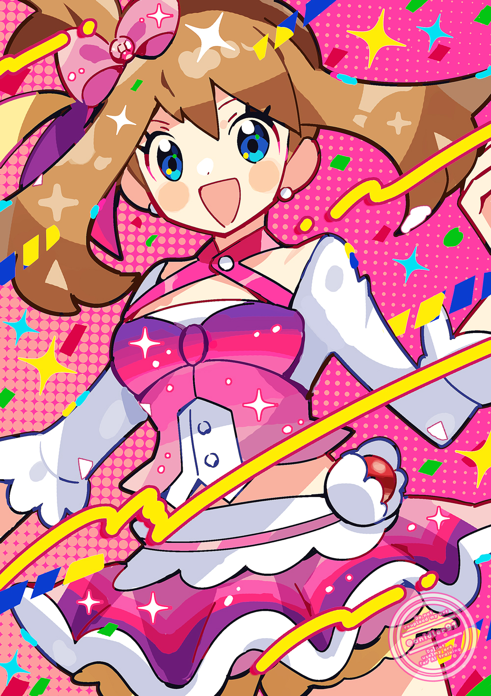 1girl, :d, anidler91, blue_eyes, bow, brown_hair, earrings, hair_bow