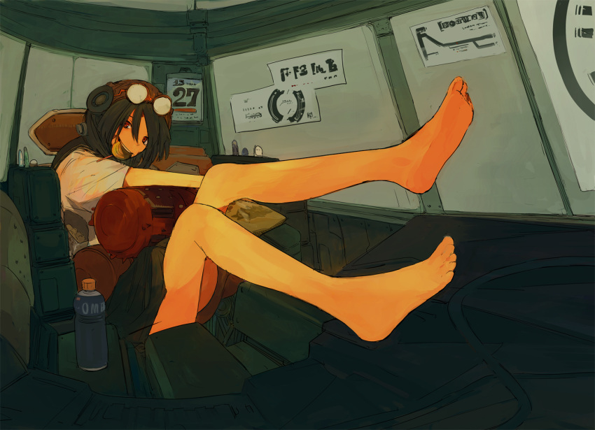 1girl, asano4124, bare_legs, barefoot, black_hair, bottle, brown_eyes, calendar_(object), candy, feet, goggles, hat, highres, lollipop, mouth_hold, original, red_eyes, sitting, soles, solo, toes, water_bottle