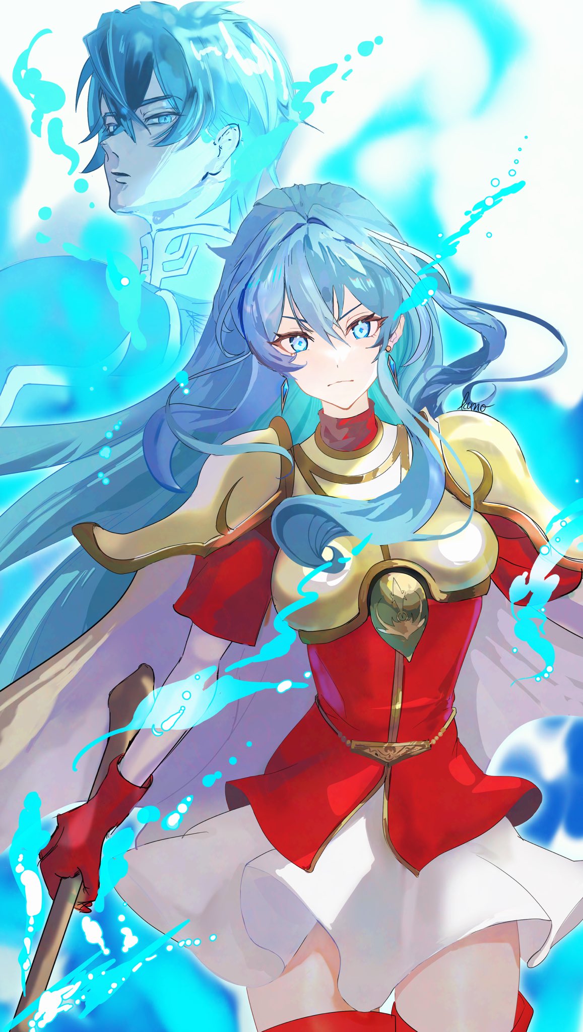 1boy, 1girl, aqua_eyes, aqua_hair, armor, aura, breastplate, brother_and_sister