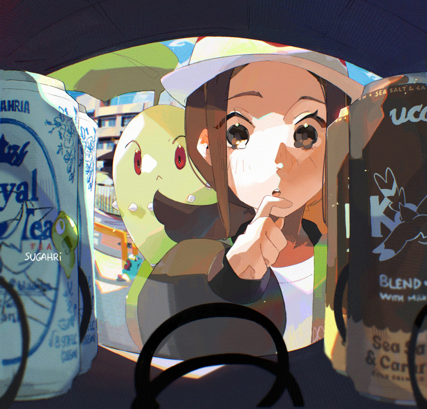 1girl, brown_eyes, brown_hair, can, chikorita, drink, green_jacket, harmony_(pokemon)
