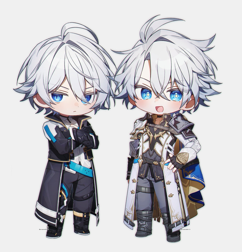 2boys, ahoge, black_jacket, black_pants, black_shoes, blue_eyes, chibi, chibi_only