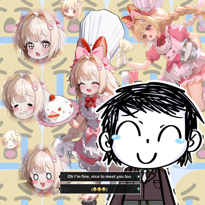1boy, 1girl, absurdres, apron, blonde_hair, blue_archive, bow, bowtie