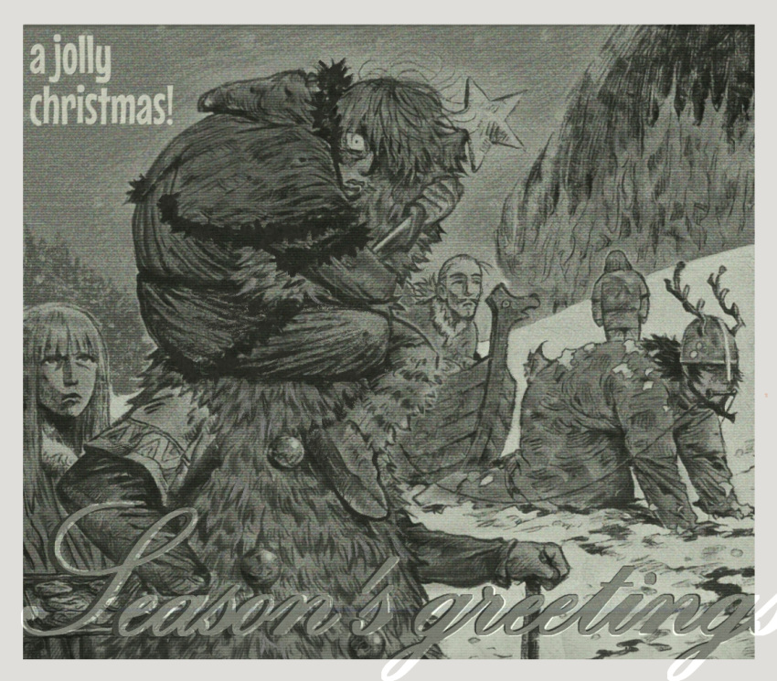 5boys, all_fours, askeladd, atli_(vinland_saga), bjorn_(vinland_saga), boat, canute, christmas, christmas_tree, fake_antlers, flrrrrr222222, greyscale, holding, holding_knife, knife, long_hair, monochrome, multiple_boys, outdoors, snow, thorfinn, vinland_saga, watercraft, willibald