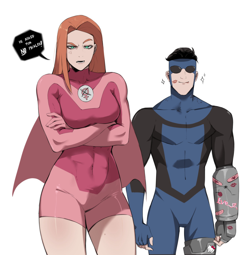 1boy, 1girl, absurdres, arm_cast, atom_eve, blue_bodysuit, bodysuit, cape