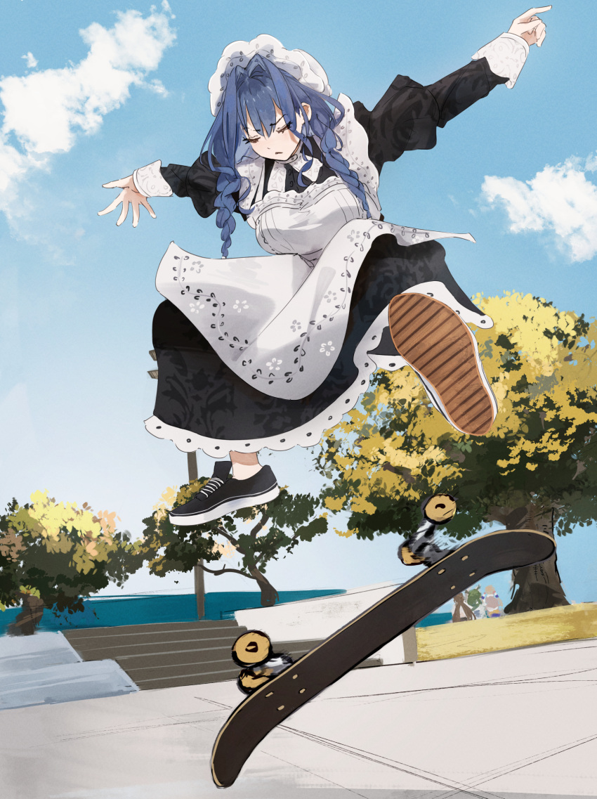 4girls, apron, black_dress, black_shoes, blue_hair, braid, breasts, ceres_fauna