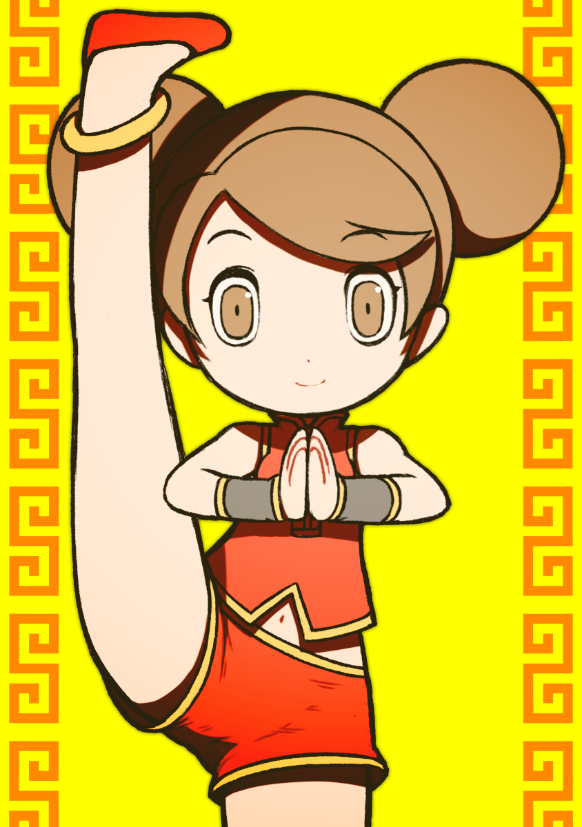1girl, anklet, bare_shoulders, beeru_(veil8801), brown_eyes, brown_hair, closed_mouth, double_bun